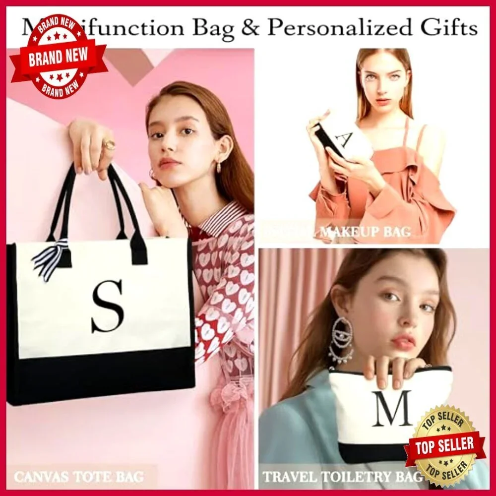 Personalized Canvas Tote Bag Set with Makeup Bags, Zipper Closure